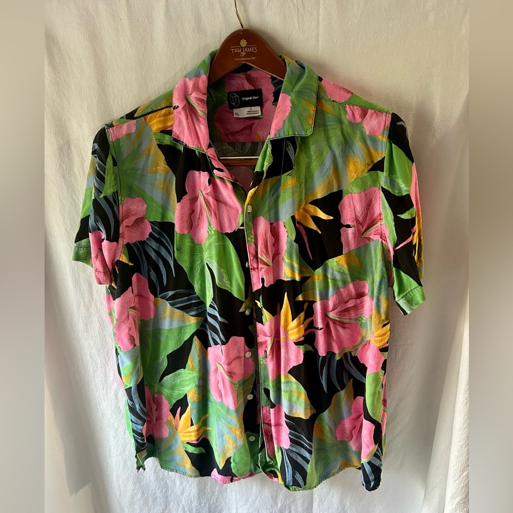 Original Use Tropical Hawaiian Button Up Pink Green Floral Shirt XL Tiki Retro